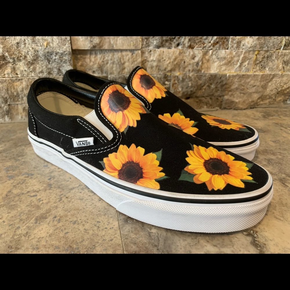 Black Sunflower Slip On Vans